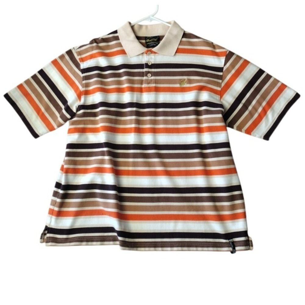Vintage South‎ Pole Polo Shirt Men XL Orange Brown Beige Striped Short Sleeves